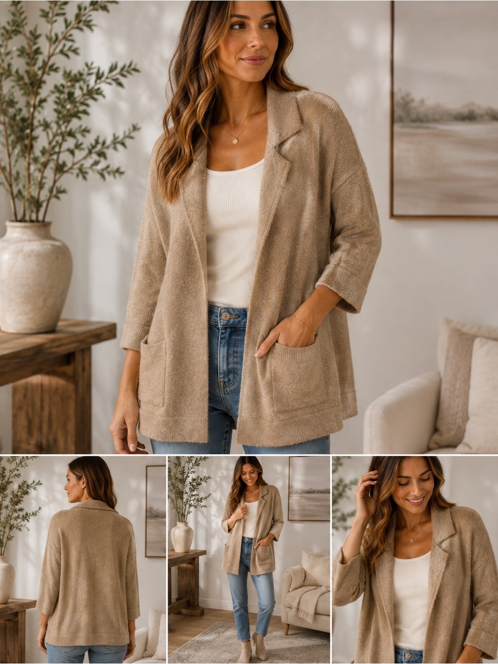 Thread & Supply Taupe Open-Front Knit Cardigan Blazer